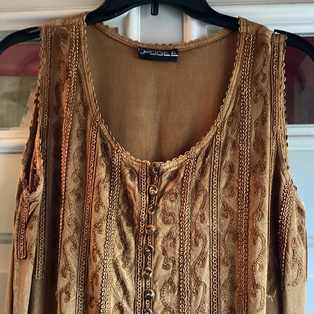 Vintage L'Pogee 90s Camel Brown Embroidered Maxi Dress Free Size Large - Picture 2 of 6